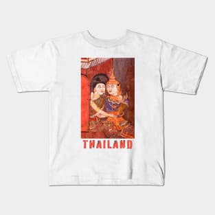 Antique Thai colorful temple mural of a young couple embracing in traditional period ceremonial clothing with the word Thailand featuring under the image. Kids T-Shirt